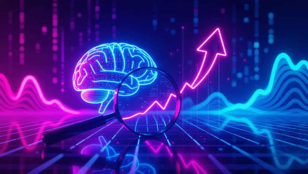 Egy stilizált agy és növekvő grafikon látható, ami a mesterséges intelligencia és a SEO kapcsolatát szimbolizálja.