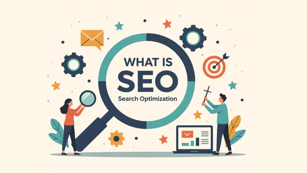 A képen egy nagyító alatt a 'WHAT IS SEO' felirat látható, körülötte keresőoptimalizálásra utaló ikonok, mint fogaskerekek és célkereszt.