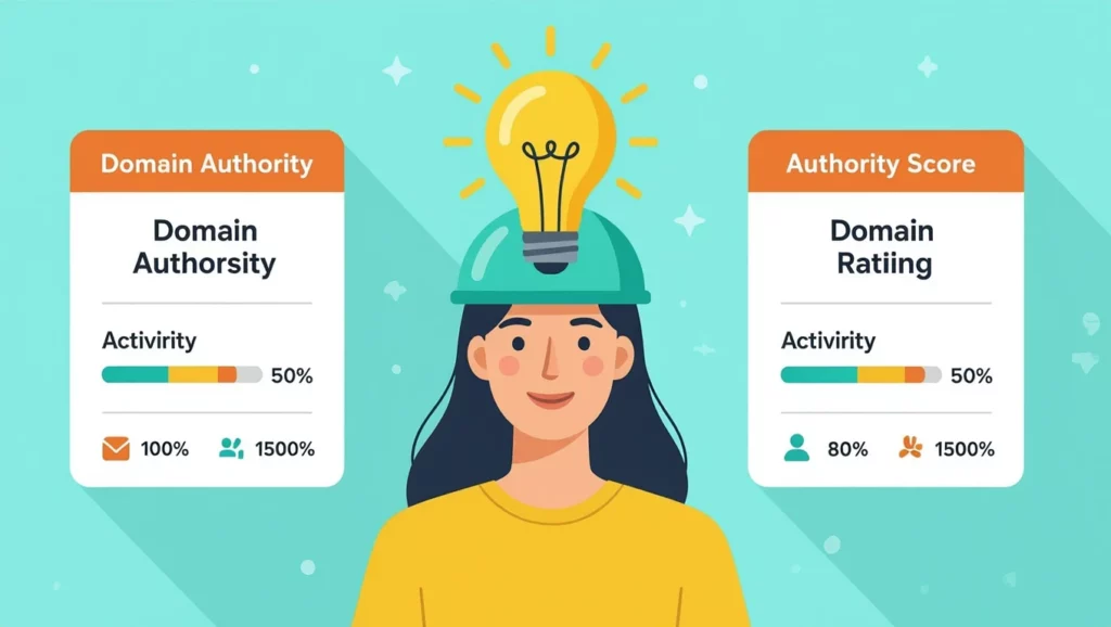 A képen egy nő látható, aki világító ötlettel a fején, mellette a Domain Authority és Authority Score mutatók láthatók. Az aktivitás szintje 50%-on áll.