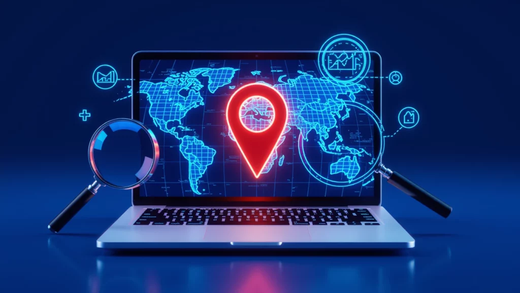 Egy laptop képernyőjén világít a világ térképe, középen egy piros helymeghatározó ikon, körülötte keresőoptimalizálásra utaló grafikai elemek.