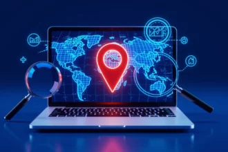 Egy laptop képernyőjén világít a világ térképe, középen egy piros helymeghatározó ikon, körülötte keresőoptimalizálásra utaló grafikai elemek.