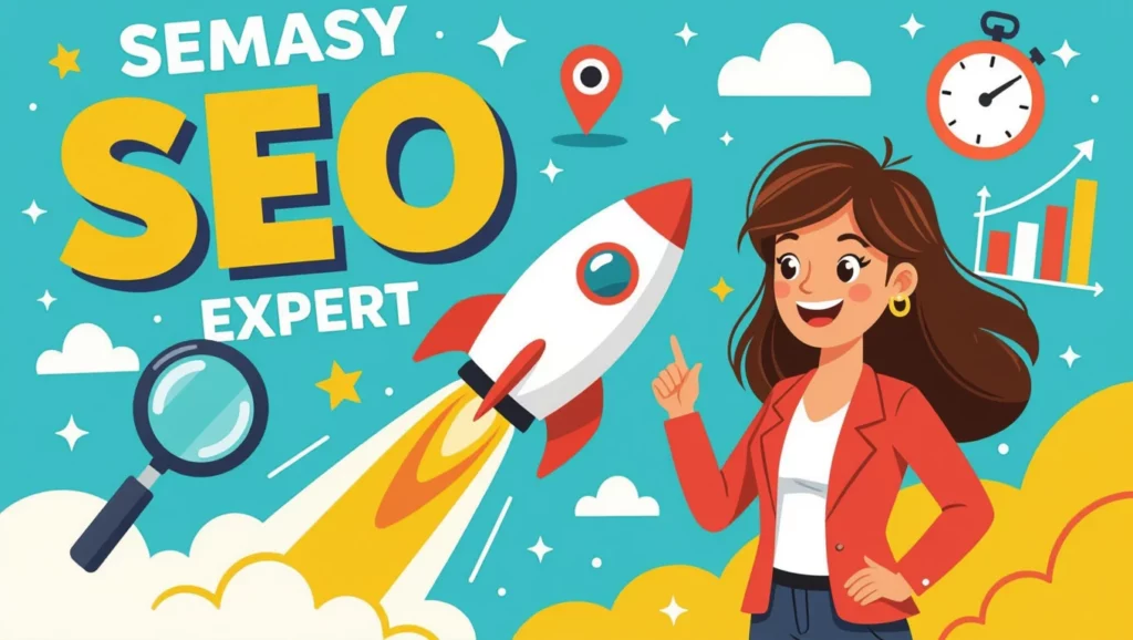 Egy nő mosolyogva mutat egy rakétára, amely az SEO és digitális marketing világát szimbolizálja, háttérben színes grafikai elemekkel.