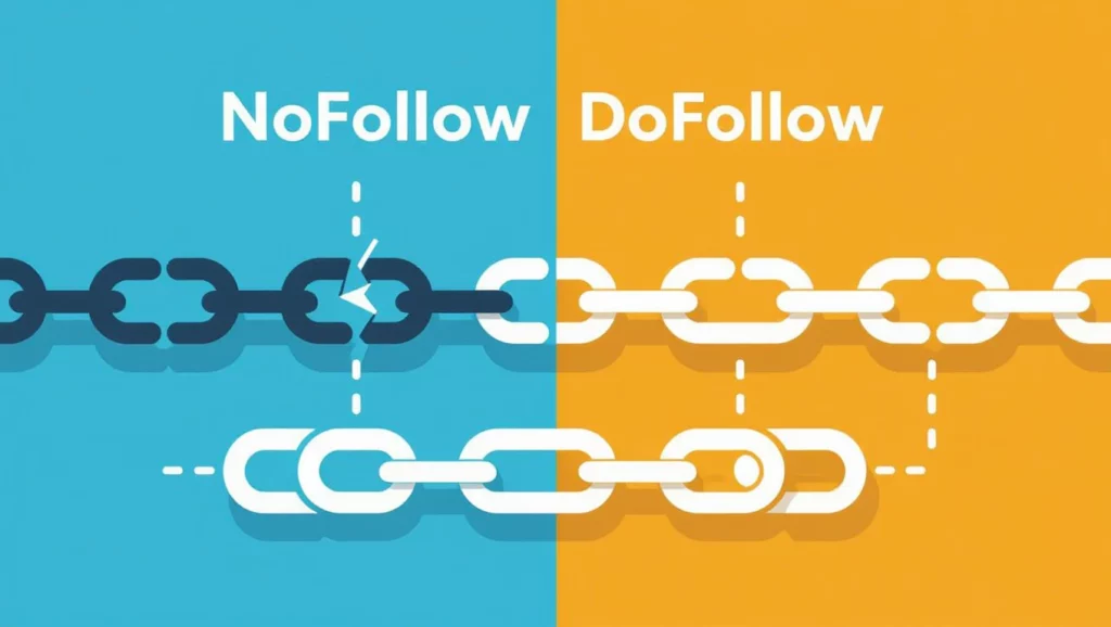 A képen a nofollow és dofollow linkek közötti különbséget szemléltetik, két színnel elválasztva. A bal oldalon a nofollow linkek, míg a jobb oldalon a dofollow linkek láthatók.