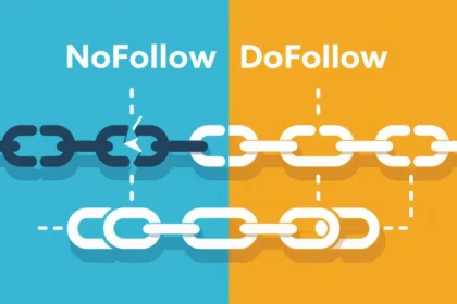A képen a nofollow és dofollow linkek közötti különbséget szemléltetik, két színnel elválasztva. A bal oldalon a nofollow linkek, míg a jobb oldalon a dofollow linkek láthatók.
