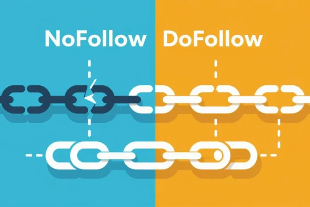 A képen a nofollow és dofollow linkek közötti különbséget szemléltetik, két színnel elválasztva. A bal oldalon a nofollow linkek, míg a jobb oldalon a dofollow linkek láthatók.