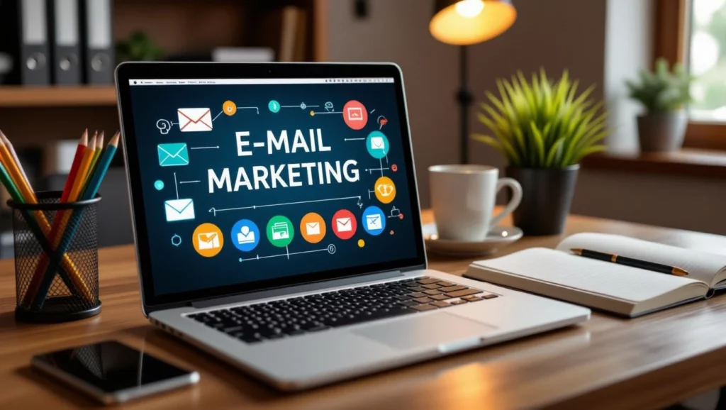 A képen egy laptop látható, amelyen az 'E-mail marketing' felirat és ikonok láthatók, egy íróasztalon, körülötte kávé és jegyzetfüzet.