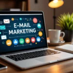 A képen egy laptop látható, amelyen az 'E-mail marketing' felirat és ikonok láthatók, egy íróasztalon, körülötte kávé és jegyzetfüzet.