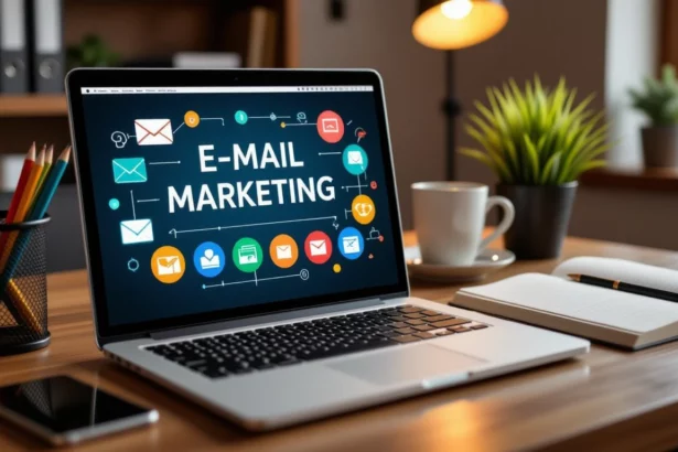 A képen egy laptop látható, amelyen az 'E-mail marketing' felirat és ikonok láthatók, egy íróasztalon, körülötte kávé és jegyzetfüzet.