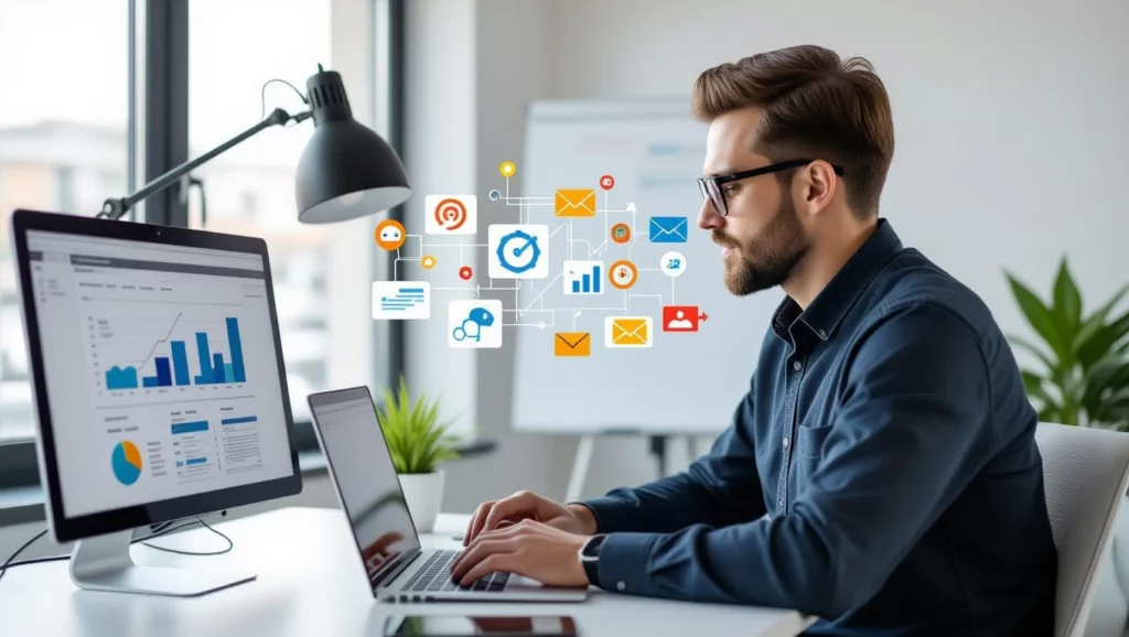 Egy férfi számítógépen dolgozik, SEO statisztikákat és grafikonokat elemezve, miközben digitális ikonok lebegnek körülötte.