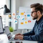 Egy férfi számítógépen dolgozik, SEO statisztikákat és grafikonokat elemezve, miközben digitális ikonok lebegnek körülötte.