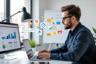 Egy férfi számítógépen dolgozik, SEO statisztikákat és grafikonokat elemezve, miközben digitális ikonok lebegnek körülötte.