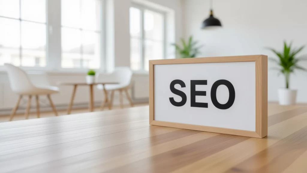 A képen egy világos, modern irodai környezet látható, ahol egy fa keretben a 'SEO' felirat olvasható. Az asztalon növények és bútorok találhatók.