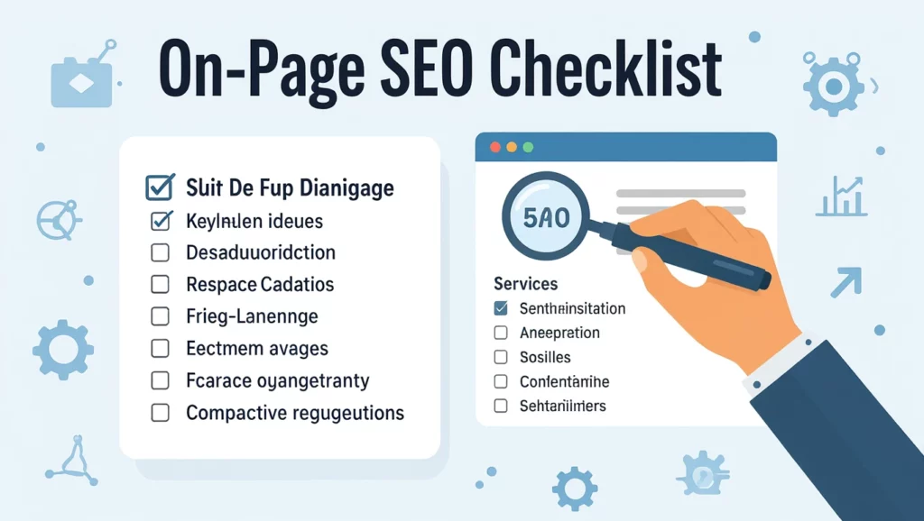 A képen egy on-page SEO ellenőrzőlista látható, amely különböző SEO teendőket sorol fel, mint például kulcsszókutatás és tartalomoptimalizálás.