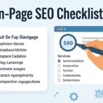 A képen egy on-page SEO ellenőrzőlista látható, amely különböző SEO teendőket sorol fel, mint például kulcsszókutatás és tartalomoptimalizálás.