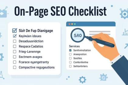 A képen egy on-page SEO ellenőrzőlista látható, amely különböző SEO teendőket sorol fel, mint például kulcsszókutatás és tartalomoptimalizálás.