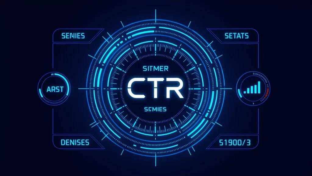 A képen egy digitális grafika látható, amely a CTR (átkattintási arány) statisztikáit és mutatóit ábrázolja futurisztikus stílusban.