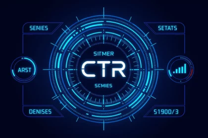 A képen egy digitális grafika látható, amely a CTR (átkattintási arány) statisztikáit és mutatóit ábrázolja futurisztikus stílusban.
