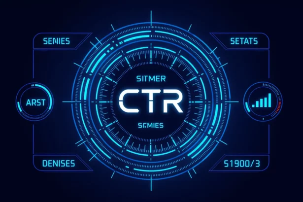 A képen egy digitális grafika látható, amely a CTR (átkattintási arány) statisztikáit és mutatóit ábrázolja futurisztikus stílusban.