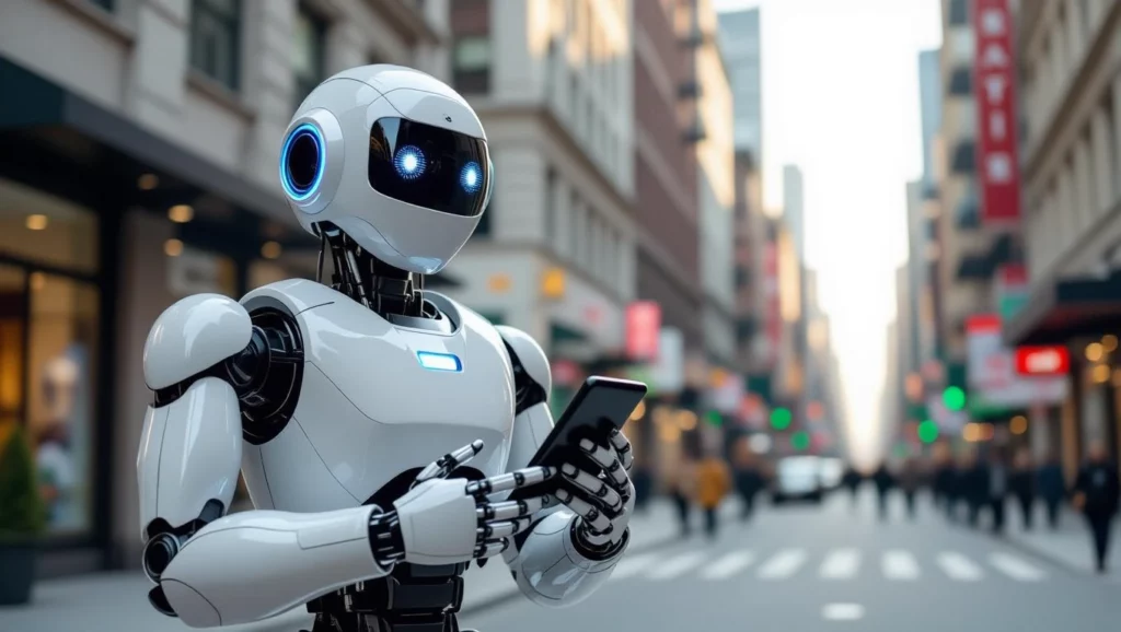 Egy futurisztikus robot, aki okostelefont használ egy városi környezetben, a robot.txt fájl fontosságát szimbolizálva.