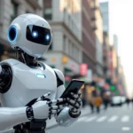 Egy futurisztikus robot, aki okostelefont használ egy városi környezetben, a robot.txt fájl fontosságát szimbolizálva.