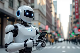 Egy futurisztikus robot, aki okostelefont használ egy városi környezetben, a robot.txt fájl fontosságát szimbolizálva.