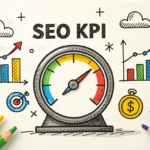 A képen egy SEO KPI mérőműszer látható, mellette grafikonok és pénzérme, amelyek a keresőoptimalizálás megtérülését szimbolizálják.