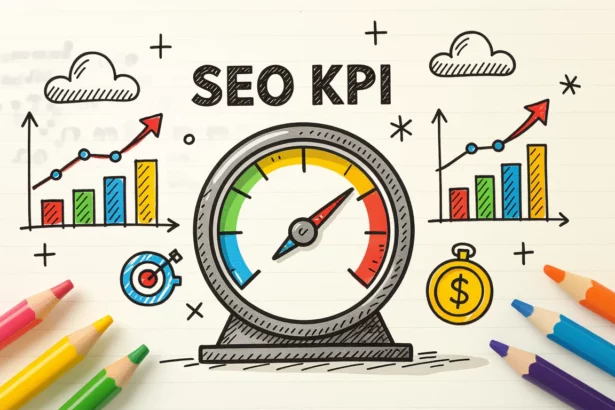 A képen egy SEO KPI mérőműszer látható, mellette grafikonok és pénzérme, amelyek a keresőoptimalizálás megtérülését szimbolizálják.