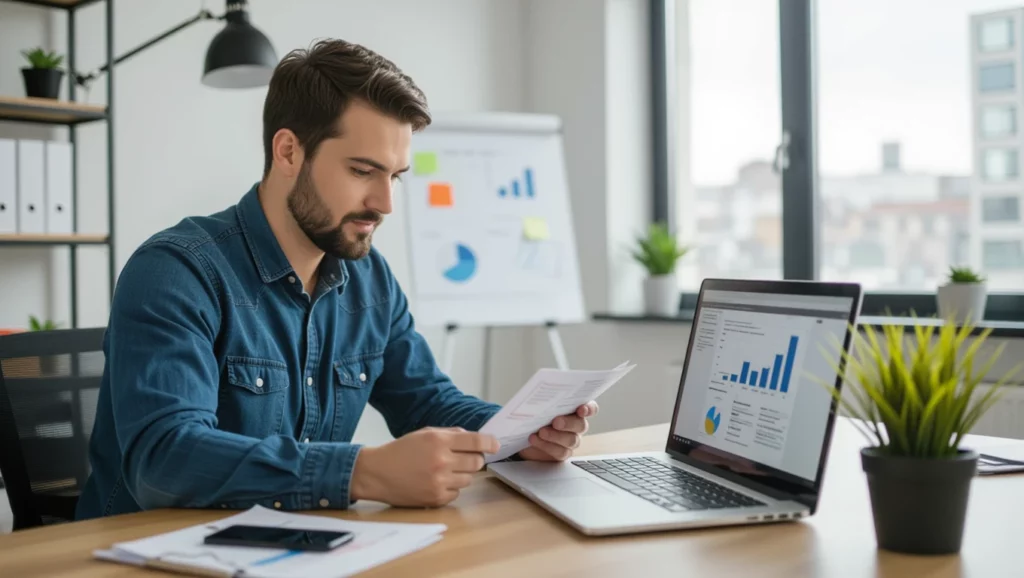 Egy férfi egy irodában ül, laptop előtt, SEO statisztikákat és grafikonokat nézve, miközben jegyzeteket készít.