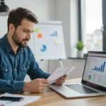 Egy férfi egy irodában ül, laptop előtt, SEO statisztikákat és grafikonokat nézve, miközben jegyzeteket készít.