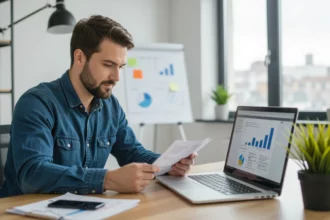 Egy férfi egy irodában ül, laptop előtt, SEO statisztikákat és grafikonokat nézve, miközben jegyzeteket készít.