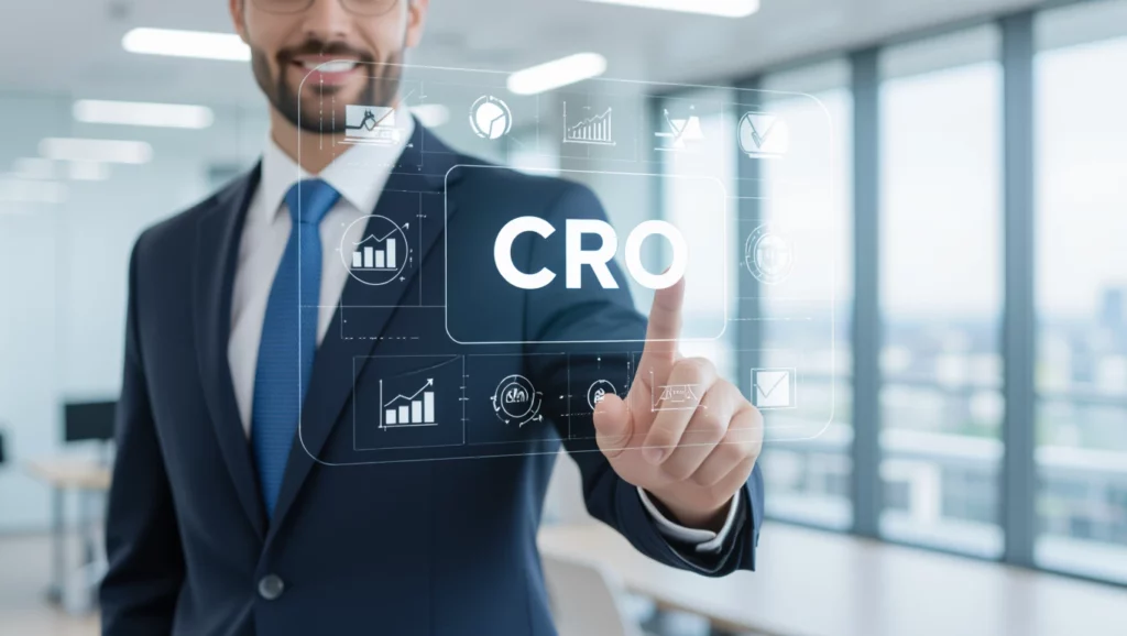 Egy öltönyös férfi a CRO (konverzióoptimalizálás) fogalmát érintő digitális grafikát mutat be, háttérben modern irodai környezet.