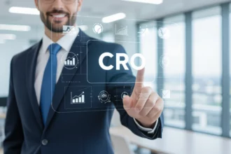 Egy öltönyös férfi a CRO (konverzióoptimalizálás) fogalmát érintő digitális grafikát mutat be, háttérben modern irodai környezet.