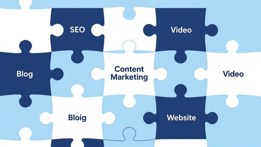 A képen különböző elemek, mint a SEO, tartalommarketing, blog és weboldal puzzle darabjai láthatók, amelyek szimbolizálják az online marketing integrációját.