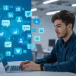 Egy fiatal férfi laptop előtt ülve, közben közösségi média ikonok lebegnek körülötte, utalva a digitális marketingre és SEO-ra.