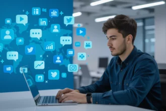 Egy fiatal férfi laptop előtt ülve, közben közösségi média ikonok lebegnek körülötte, utalva a digitális marketingre és SEO-ra.