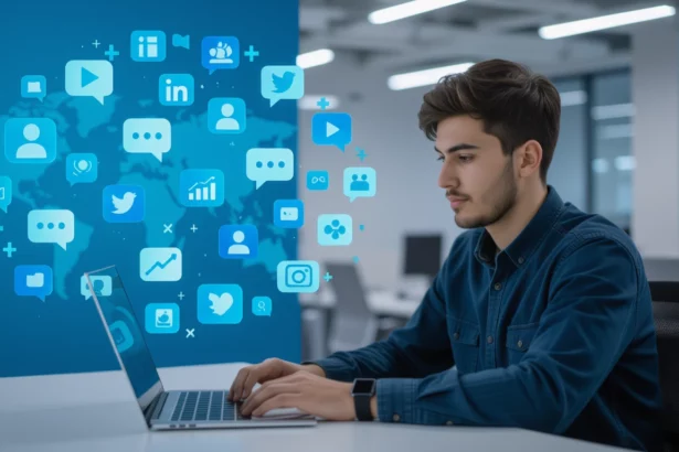 Egy fiatal férfi laptop előtt ülve, közben közösségi média ikonok lebegnek körülötte, utalva a digitális marketingre és SEO-ra.