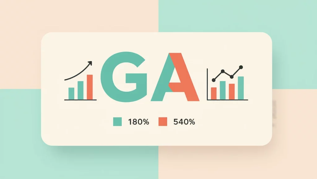 A kép a Google Analytics 4 (GA4) mérőszámait illusztrálja, grafikonokkal és statisztikai adatokkal, amelyek a SEO teljesítményének elemzésére utalnak.