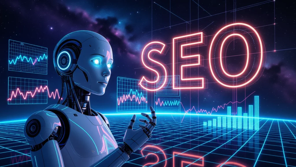 Egy futurisztikus robot figyel egy SEO grafikonra, amely a mesterséges intelligencia hatását szimbolizálja a keresőoptimalizálásban.