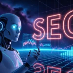 Egy futurisztikus robot figyel egy SEO grafikonra, amely a mesterséges intelligencia hatását szimbolizálja a keresőoptimalizálásban.