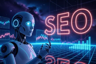 Egy futurisztikus robot figyel egy SEO grafikonra, amely a mesterséges intelligencia hatását szimbolizálja a keresőoptimalizálásban.