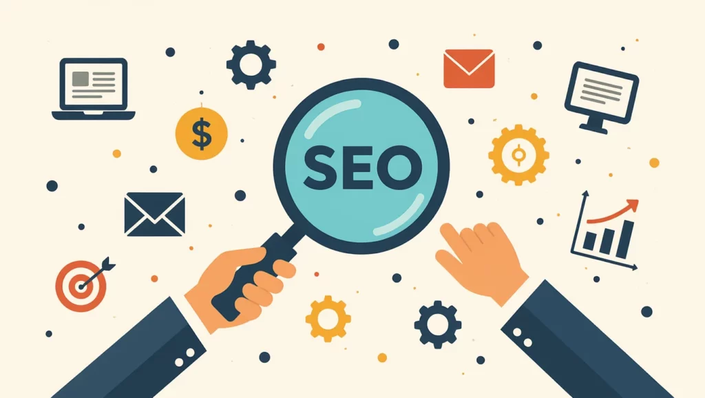 A képen a SEO (keresőoptimalizálás) fogalmát bemutató grafika látható, amely magnóképkeresővel és különböző digitális elemekkel van körülvéve.