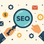 A képen a SEO (keresőoptimalizálás) fogalmát bemutató grafika látható, amely magnóképkeresővel és különböző digitális elemekkel van körülvéve.