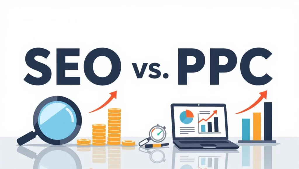 A képen a SEO és PPC közötti összehasonlítást bemutató grafika látható, pénzérmék és statisztikai diagramok kíséretében.