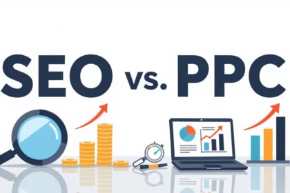 A képen a SEO és PPC közötti összehasonlítást bemutató grafika látható, pénzérmék és statisztikai diagramok kíséretében.