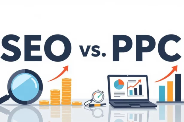 A képen a SEO és PPC közötti összehasonlítást bemutató grafika látható, pénzérmék és statisztikai diagramok kíséretében.