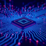A képen egy mikrochip látható, amely körül kék és rózsaszín áramkörök futnak, szimbolizálva a digitális technológiát és a strukturált adatokat.
