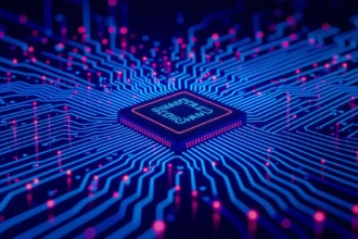 A képen egy mikrochip látható, amely körül kék és rózsaszín áramkörök futnak, szimbolizálva a digitális technológiát és a strukturált adatokat.