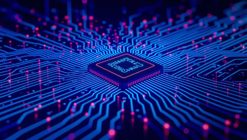 A képen egy mikrochip látható, amely körül kék és rózsaszín áramkörök futnak, szimbolizálva a digitális technológiát és a strukturált adatokat.