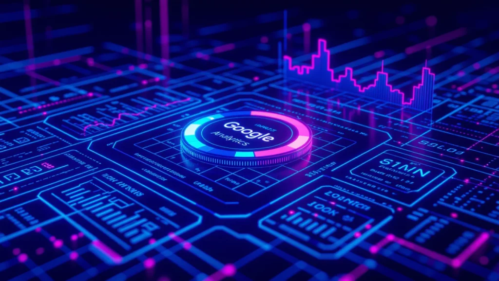 A Google Analytics és Search Console integrációját bemutató grafika, amely a weboldal teljesítményének elemzésére utal.