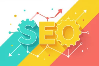 A kép a SEO (keresőoptimalizálás) fogalmát ábrázolja, grafikus elemekkel, mint fogaskerekek és növekvő grafikonok, amelyek a weboldal teljesítményét szimbolizálják.